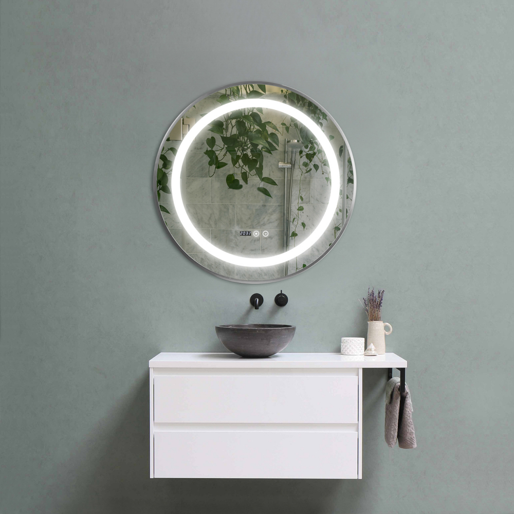 Oglinda Baie Led Rotunda 70x70 , Dezaburire , Ceas si Buton Touch.Rama Aluminiu [1]