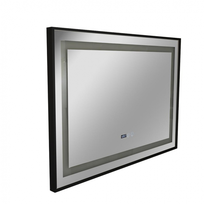 Oglinda baie cu rama aluminiu neagra 1000x700 mm, sistem dezaburire,termometru si ceas cu buton touch. [6]