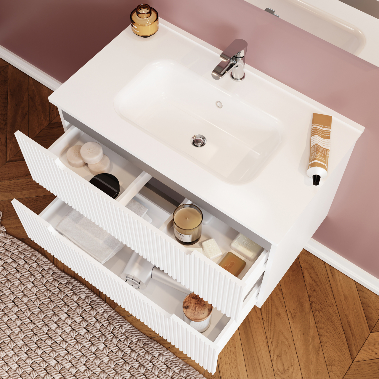 Set mobilier baie,lavoar si oglinda lampa led,80 cm,alb,ibiza [2]