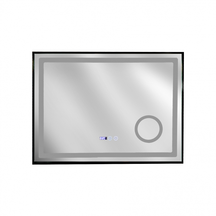 Oglinda baie cu iluminare led,rama aluminiu negru,dezaburire,ceas,termometru si lupa, 100x70 cm [2]