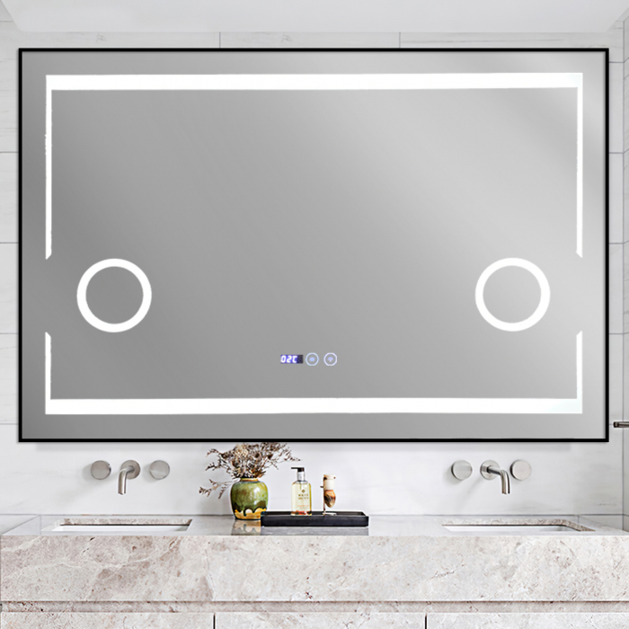 Oglinda baie cu iluminare led 120X80 cm,dezaburire,ceas,termometru, doua lupe si rama aluminiu negru 120x80cm. [1]
