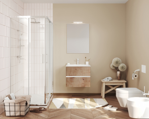 Noutati - Mobilier baie suspendat,lavoar alb si oglinda lampa led 60 cm,santorini,rovere oro-alb