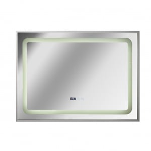 Oglinda baie cu iluminare LED, ceas, dezaburire si buton touch 100x70x3 cm incadrata in rama aluminiu model 2 [1]
