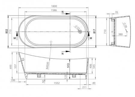 Cada freestanding din compozit Vayer Cetus 1800x832x695, fara preaplin , ventil click-clack crom [7]