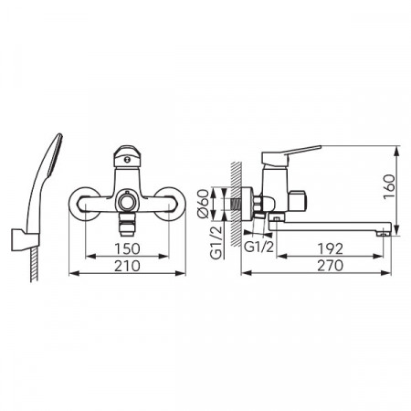 ISSO - Baterie perete cadă-duș, cu pipa mobilă și set de duș inclus [1]