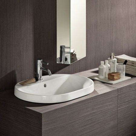 LAVOAR ÎNCORPORAT GEBERIT VARIFORM, OVAL, CU BANC CU ORIFICII DE ROBINET B-60CM, T-48CM, PREAPLIN VIZIBIL, GLAZURAT ALB [1]