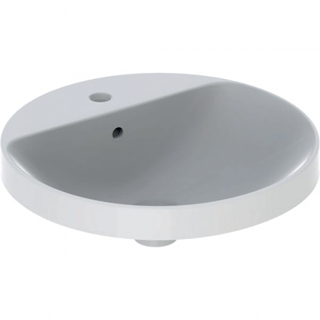 Obiecte sanitare - LAVOAR ÎNCORPORAT GEBERIT VARIFORM, ROTUND, CU BANC CU ORIFICII DE ROBINET D-48CM, PREAPLIN VIZIBIL, GLAZURAT ALB