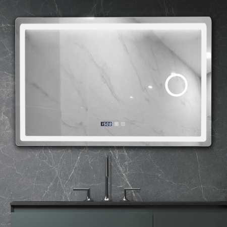 Oglinzi baie si corpuri iluminat - Oglinda baie cu iluminare LED, dezaburire, ceas, termometru si lupa, 110x70 cm