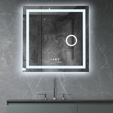 Reduceri - Oglinda baie cu iluminare led,dezaburire,ceas,termometru si lupa, 80X80 cm
