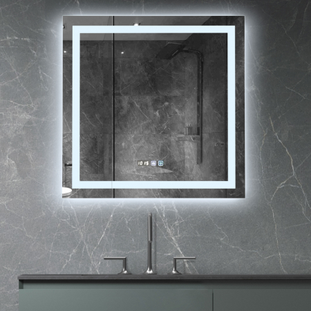 Oglinzi baie si corpuri iluminat - Oglinda baie cu iluminare led,dezaburire,ceas,termometru, 70x70 cm