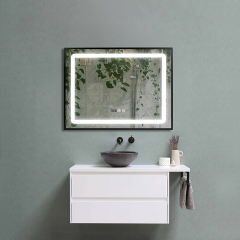 Baie - Oglinda baie Led  80x60 cm, dezaburire, ceas si buton touch. Rama negru mat