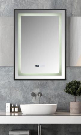Oglinzi baie si corpuri iluminat - Oglinda baie LED cu rama aluminiu negru si sistem dezaburire, termometru si ceas, senzor touch 60x80  cm, negru
