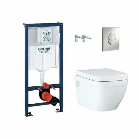 Vase WC - Set rezervor Grohe Rapid SL cu clapeta Skate Air crom+Vas wc suspendat Grohe Euro Ceramic Rimless 54x37 cm+ Capac wc Grohe Euro Ceramic cu inchidere normala