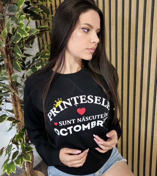 Bluza hanorac sweatshirt peBluza hanorac sweatshirt pentru zi de naștere - "Prințesele sunt născute în Octombrie" - Neagră, Maneca Lungă, Imprimeu Albntru zi de nastere, Printesele sunt nascute in octombrie, bluza neagra cu maneca lunga si cu imprimeu alb [6]