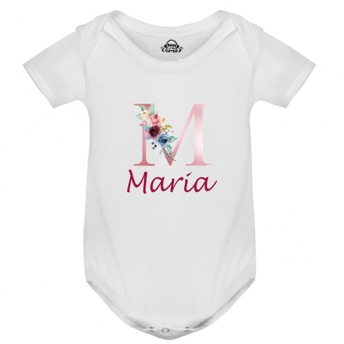 Body bebe personalizat din bumbac, cu initiala cu flori si numele fetitei [2]