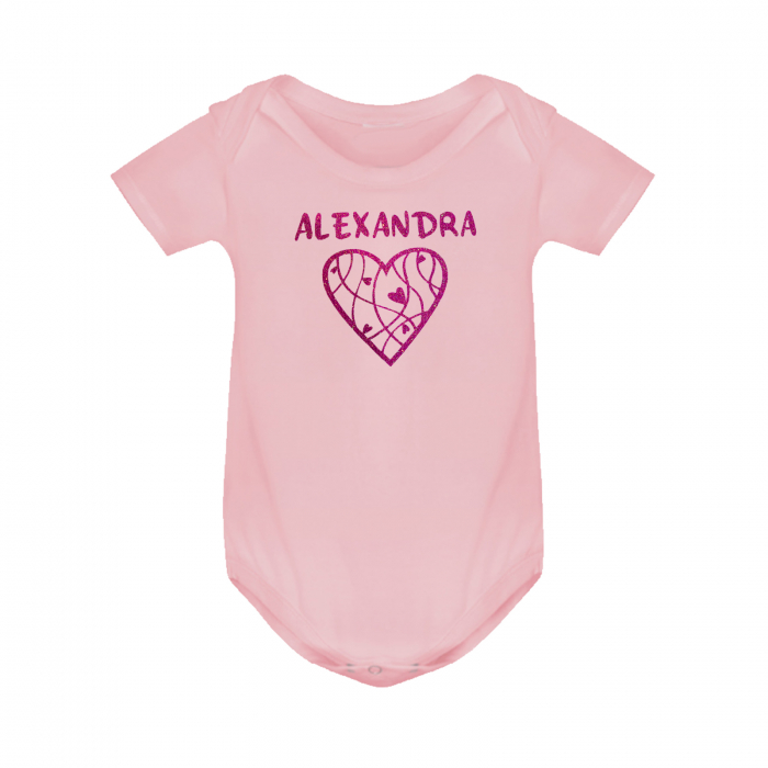 Body roz pentru fetita, bebe personalizat din bumbac cu nume si inimioara roz inchis glitter [3]