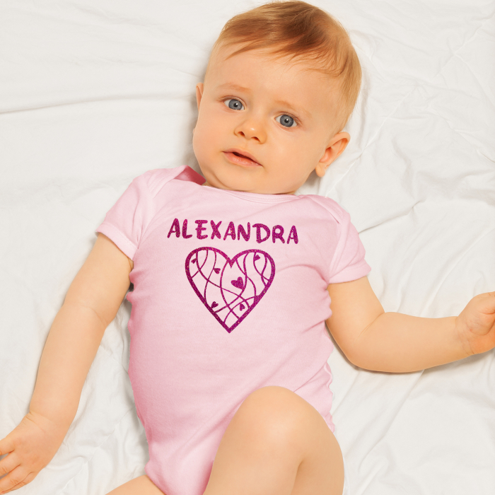 Body roz pentru fetita, bebe personalizat din bumbac cu nume si inimioara roz inchis glitter [2]