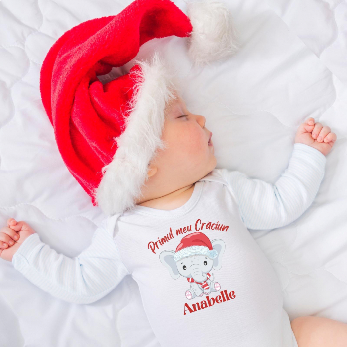 Body bebe personalizat din bumbac cu nume, elefant si Primul meu Craciun [2]