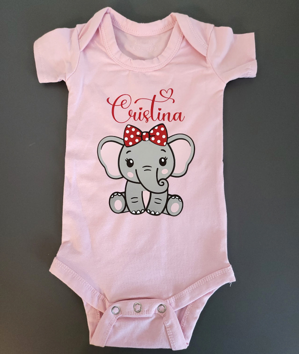 Body bebe personalizat din bumbac, pentru fetita cu elefantel si nume [2]