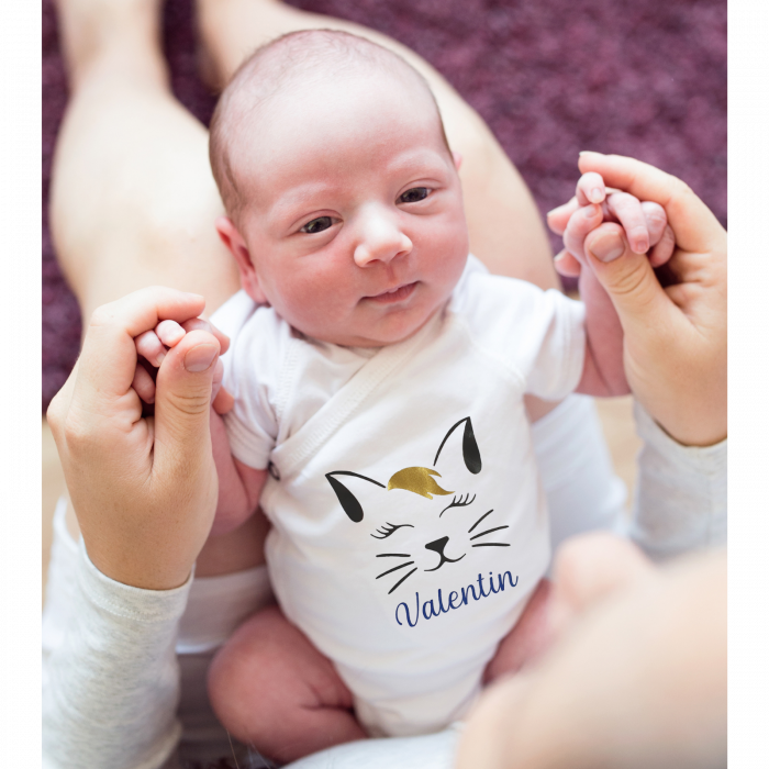Body bebe personalizat din bumbac, pentru baietel, cu nume si pisicuta, cadou pentru nou nascuti [1]