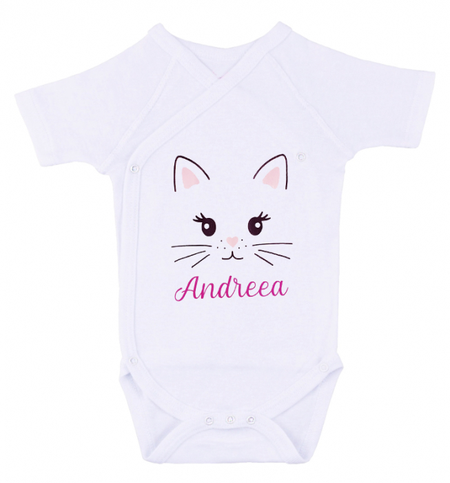 Body bebe personalizat din bumbac, pentru fetita cu nume si pisicuta, cadou pentru nou nascuti [1]