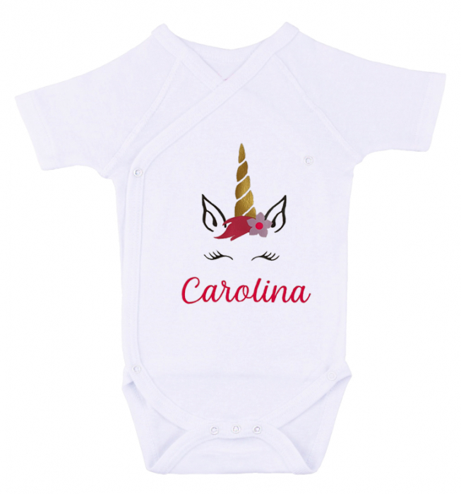 Body bebe personalizat din bumbac, pentru fetita cu nume si unicorn, cadou pentru nou nascuti [2]