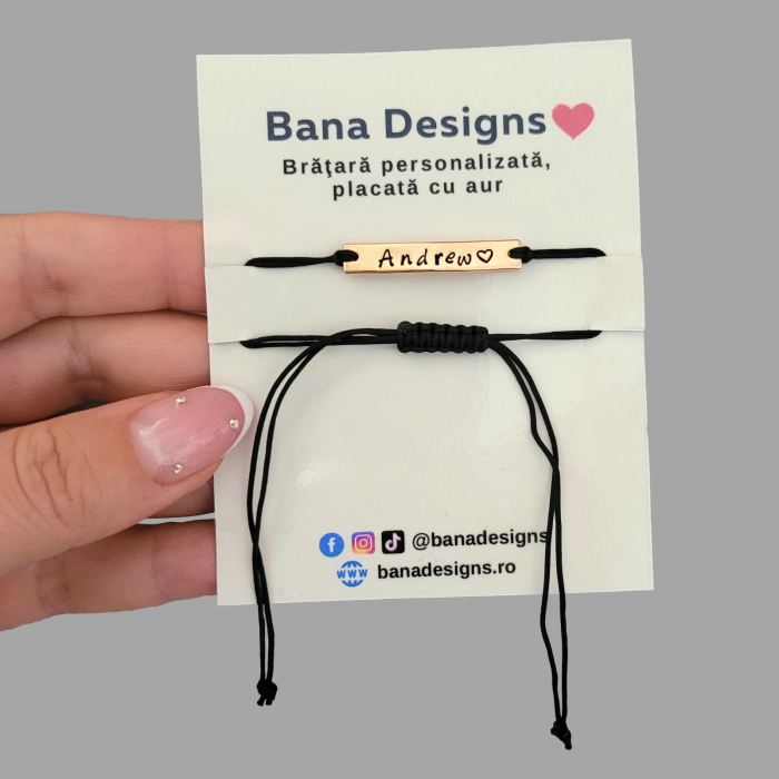 Bratara barbat personalizata cu nume gravat pe placuta placata cu aur, cu snur ajustabil inchidere macrame [5]