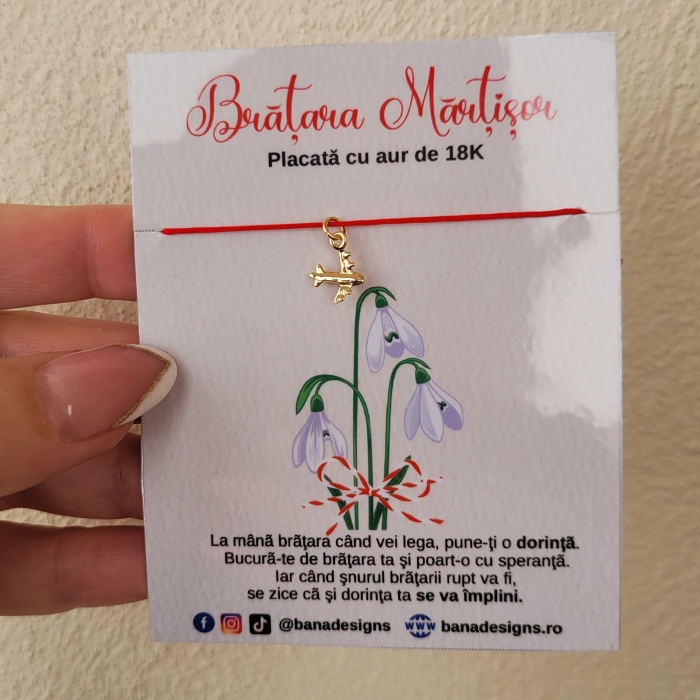 Bratara martisor cu charm avion placat cu aur de 18K, cu snur ajustabil [4]