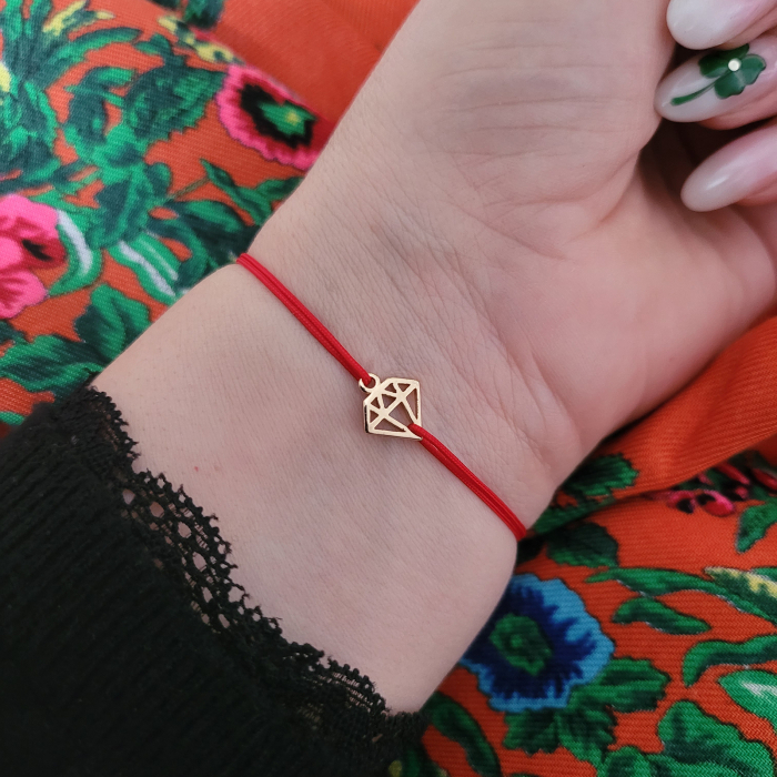 Bratara martisor cu charm diamant placat cu aur, cu snur ajustabil rosu [6]