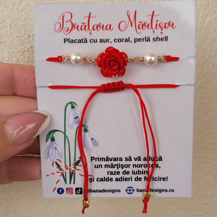 Bratara martisor cu perle shell pearl albe si coral rosu [6]