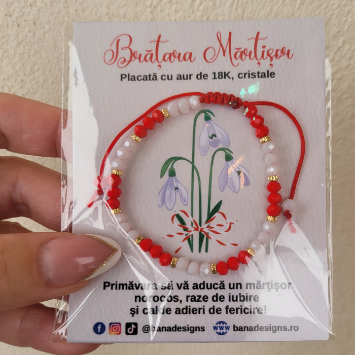 Bratara cu cristale rosii si albe si margele texturate placate cu aur de 18K [7]