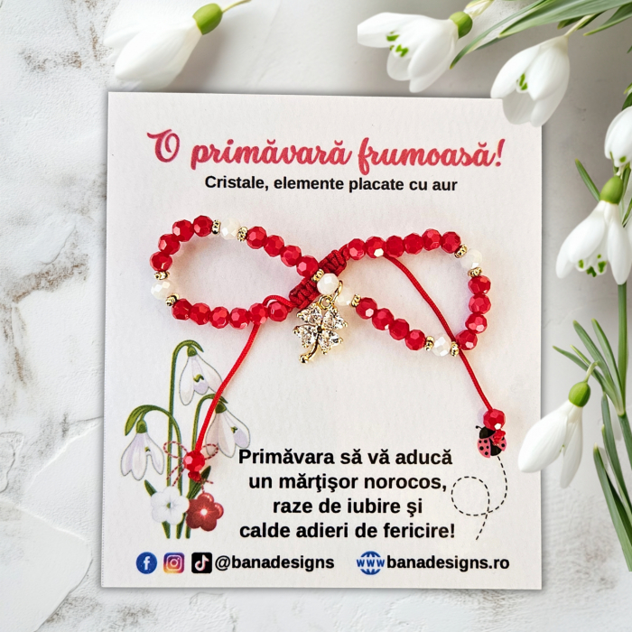 Bratara martisor cu trifoi cristale rosii si margele texturate placate cu aur de 18K [2]