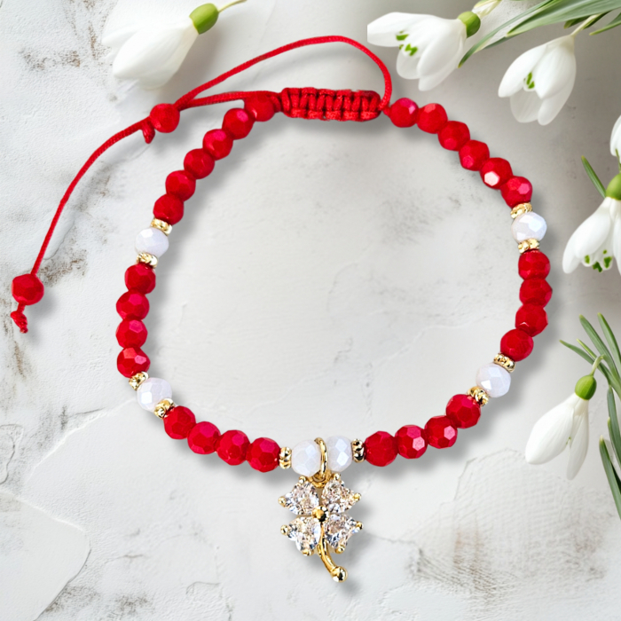 Bratara martisor cu trifoi cristale rosii si margele texturate placate cu aur de 18K [3]