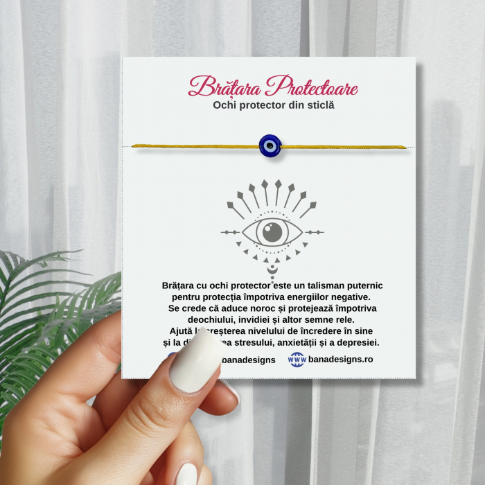 Brățară Minimalistă Ochi Protector Albastru pe Șnur Mustar – Brățară Talisman Noroc și Protecție, Ajustabilă cu Noduri Kabbalah [1]