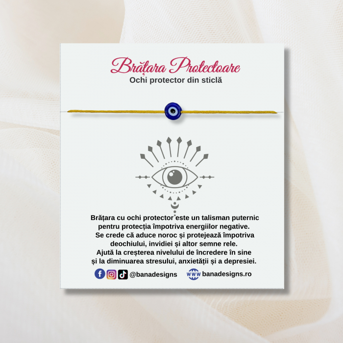 Brățară Minimalistă Ochi Protector Albastru pe Șnur Mustar – Brățară Talisman Noroc și Protecție, Ajustabilă cu Noduri Kabbalah [4]