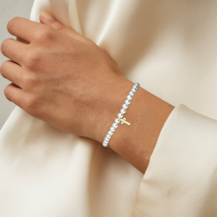 BBrățară cu Perle Albe Shell Pearls și Cruciulita placata cu aur 18K [3]