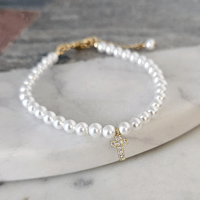 BBrățară cu Perle Albe Shell Pearls și Cruciulita placata cu aur 18K [2]