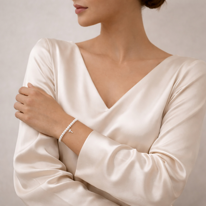 BBrățară cu Perle Albe Shell Pearls și Cruciulita placata cu aur 18K [5]