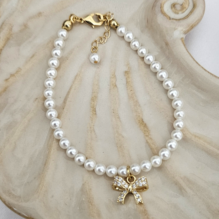 Brățară cu Perle Albe Shell Pearls și Fundita placata cu aur 18K [2]