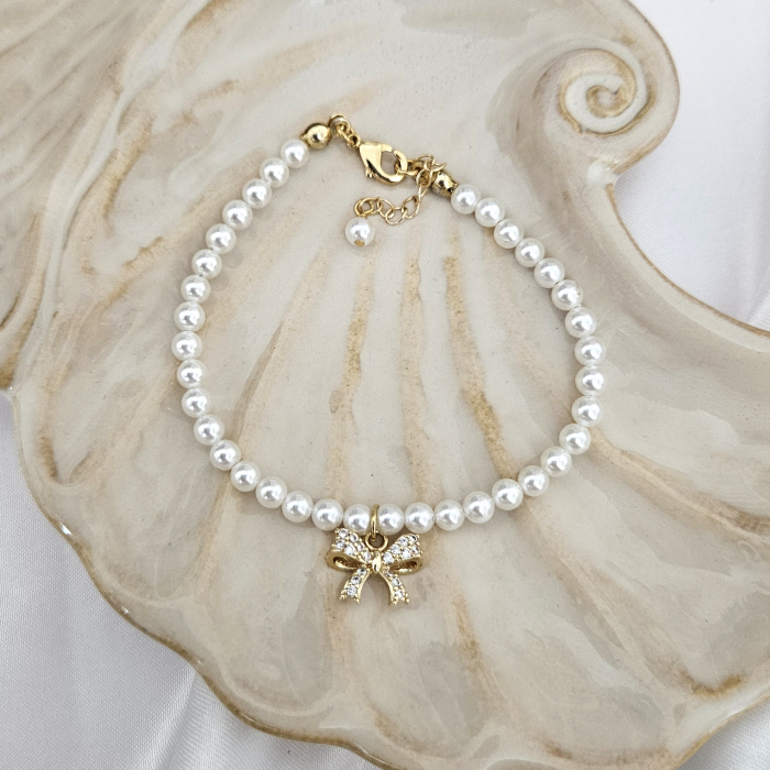 Brățară cu Perle Albe Shell Pearls și Fundita placata cu aur 18K [3]