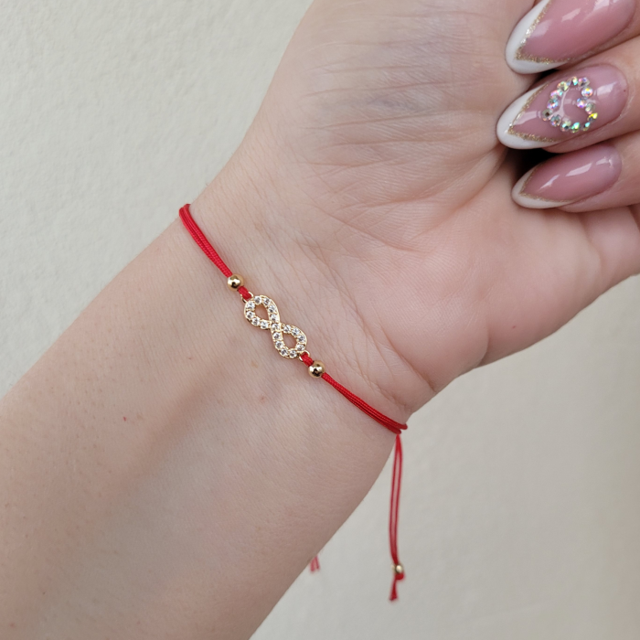 Bratara cu semnul infinitului, cu cristale Cubic Zirconia, placata cu aur, cu snur ajustabil [4]