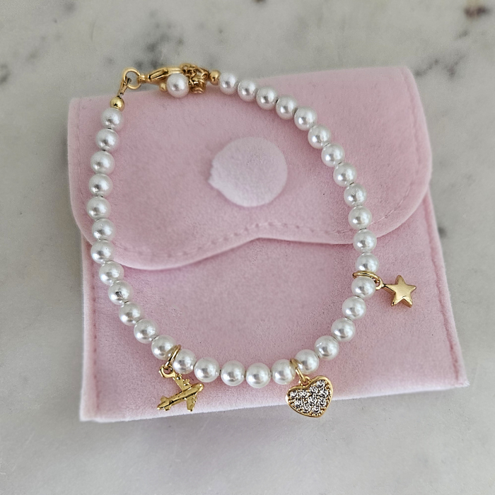 Brățară cu Perle Albe Shell Pearls și Charmuri Aurite 18K - Avion, Inimioară, Stelută, Cristale Cubic Zirconia [2]