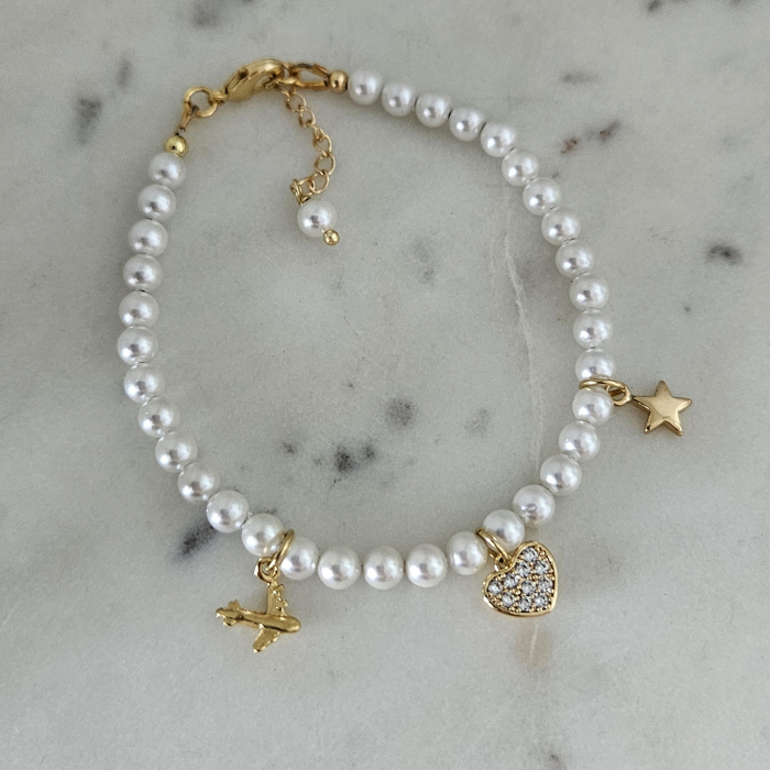 Brățară cu Perle Albe Shell Pearls și Charmuri Aurite 18K - Avion, Inimioară, Stelută, Cristale Cubic Zirconia [4]