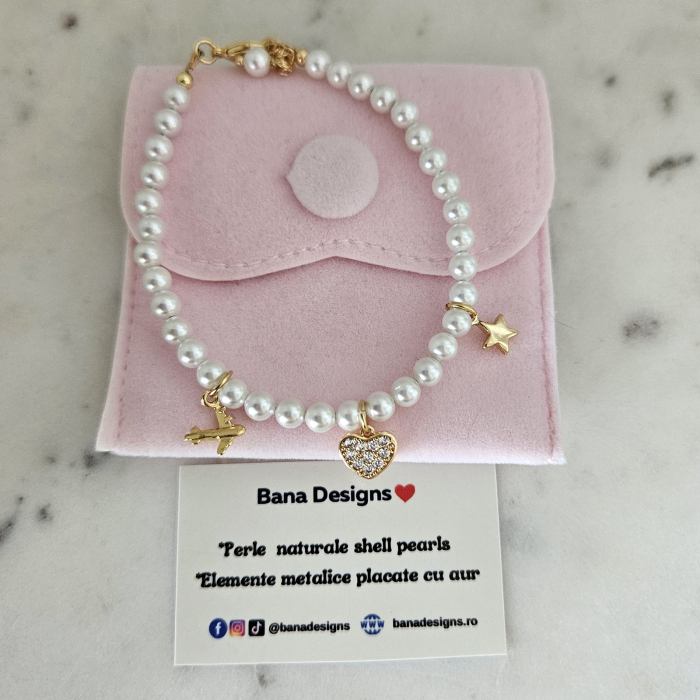 Brățară cu Perle Albe Shell Pearls și Charmuri Aurite 18K - Avion, Inimioară, Stelută, Cristale Cubic Zirconia [6]