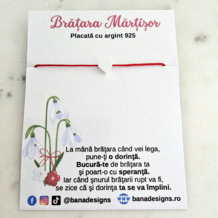 Bratara Martisor cu charm inimioara placata cu argint 925 cu snur rosu [2]