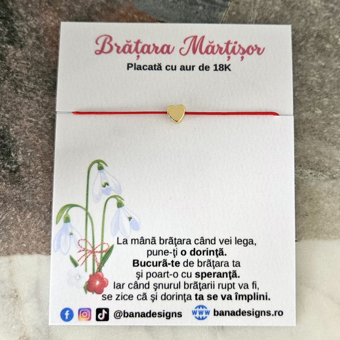 Bratara martisor cu charm inimioara placata cu aur de 18K cu snur rosu [2]