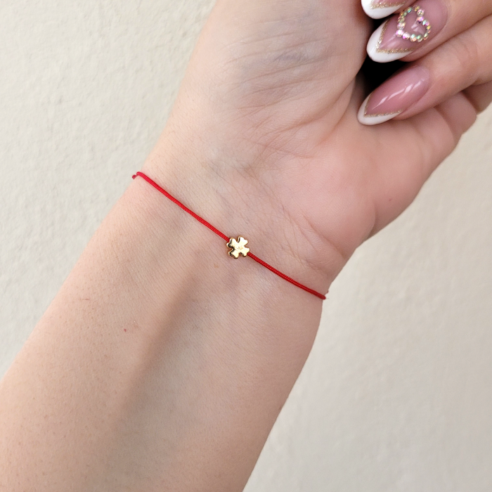 Bratara minimalista cu charm trifoi placat cu aur aur de 18K, bratara norocoasa, cu snur kabbalah [2]