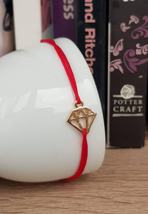 Bratara martisor cu charm diamant placat cu aur, cu snur ajustabil rosu [7]