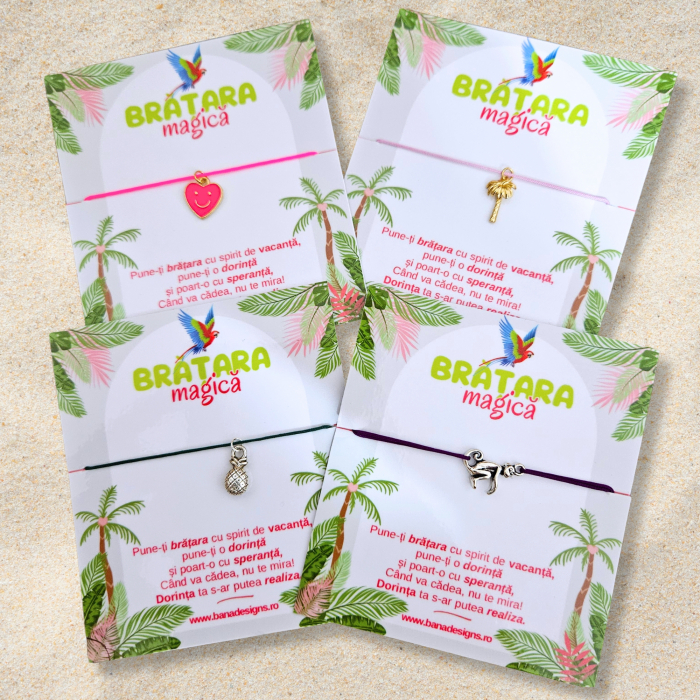 Brățară Magică cu Inimioară Emailată Roz – Șnur Mătăsos Ajustabil, Design Tropical [2]