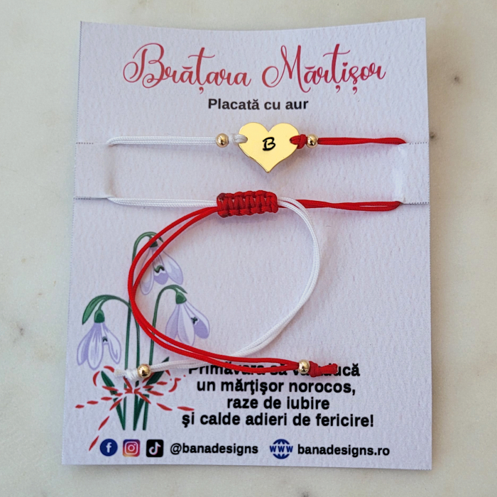 Bratara Martisor inimioara placata cu aur, gravata cu initiala, cu snur ajustabil [5]
